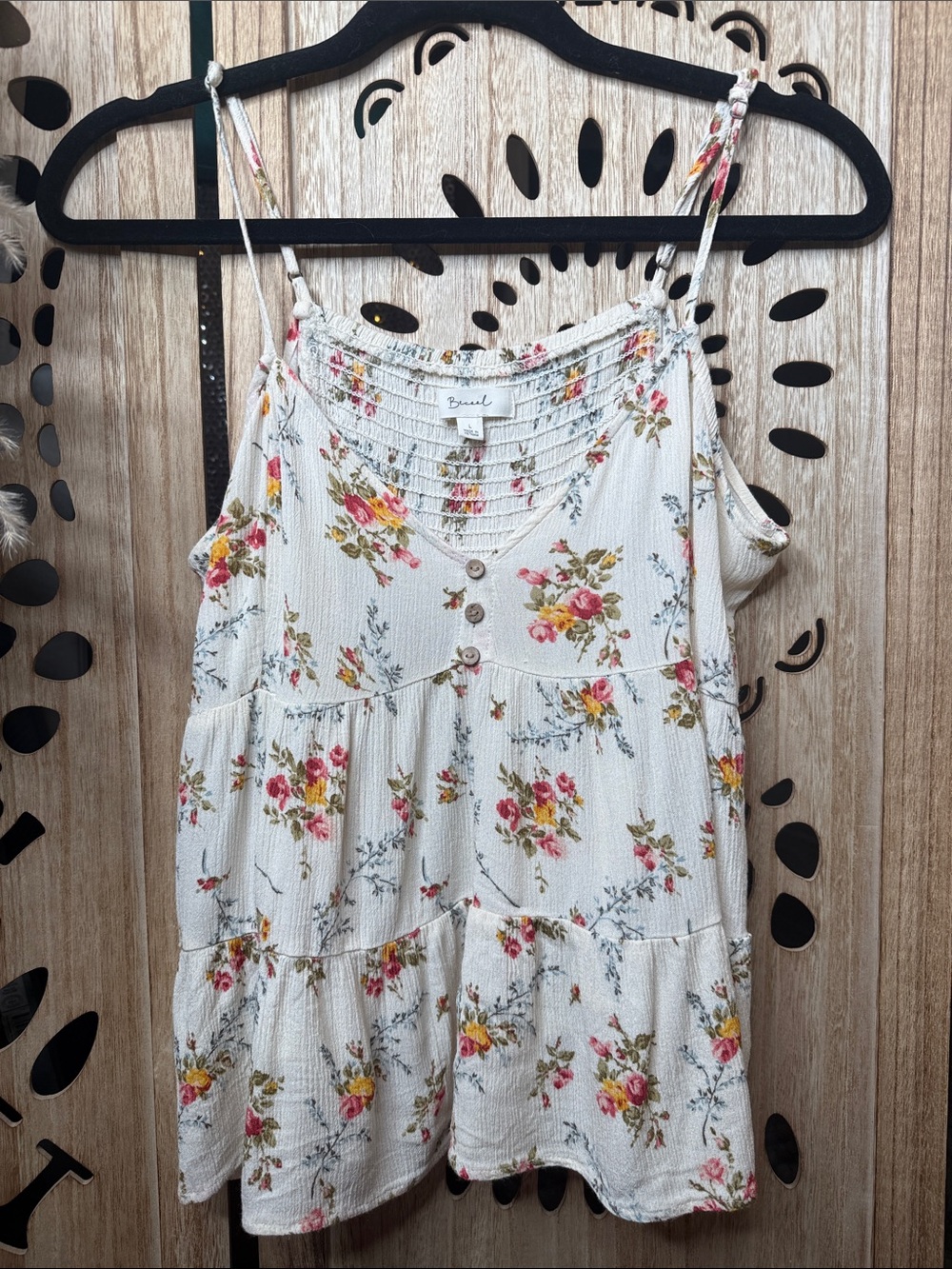 Smocked V-Neck White Floral Tiered Camisole with Pink & Yellow Blooms